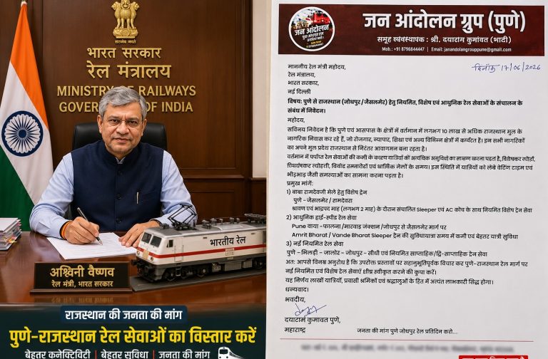 पुणे–राजस्थान रेल्वे सेवांच्या विस्तारासाठी रेल्वेमंत्र्यांना सविस्तर निवेदन